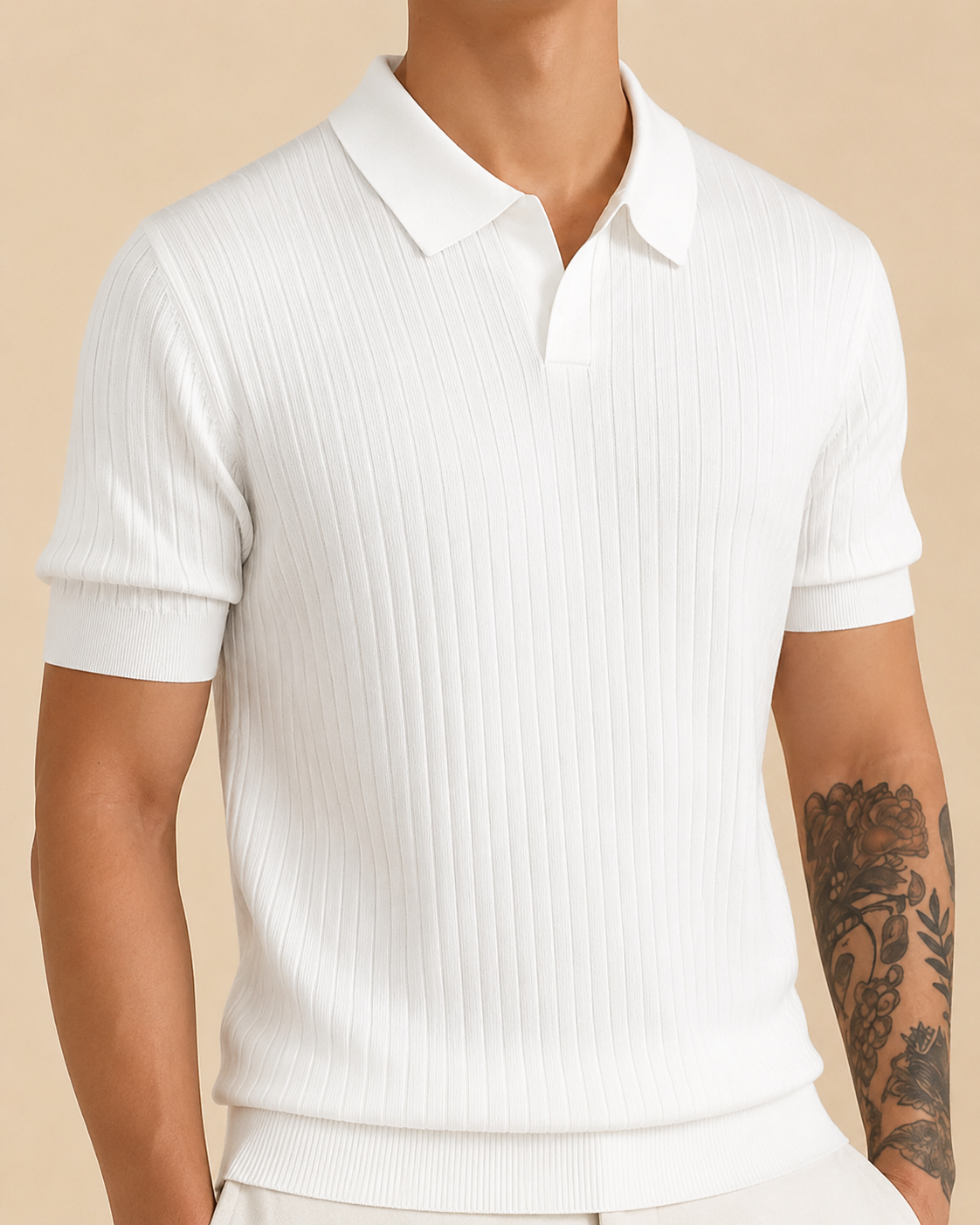 V-Neck Ribbed Knit Polo - White S