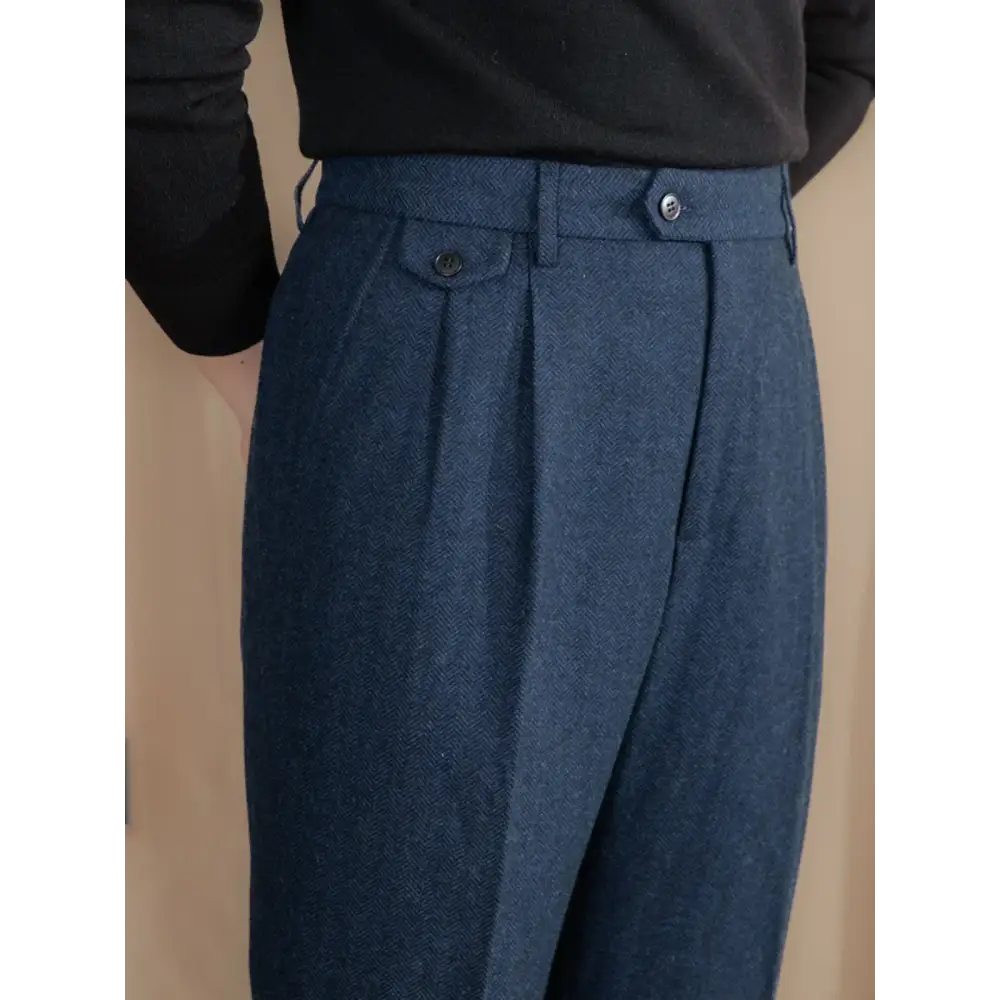 Wool Blend Pleated Trousers - Navy Blue / 29