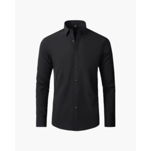 Ashford tailored full sleeve shirt in black, front view on model
