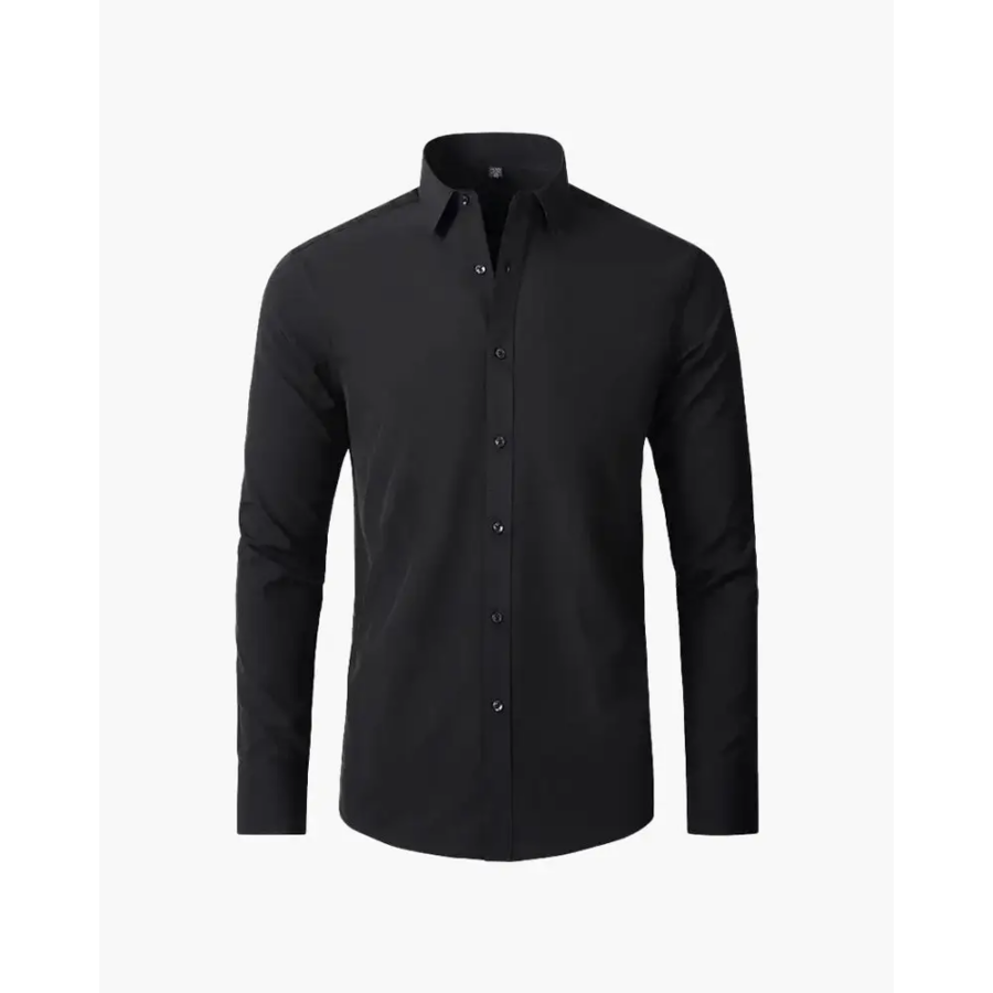 Ashford tailored full sleeve shirt in black, front view on model