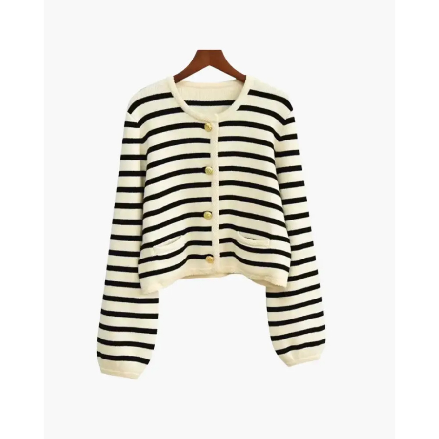 Belgravia striped vest layered under camel coat, cream and charcoal stripes