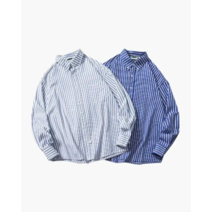 Blue striped cotton overshirt front view, light blue Bengal stripe woven cotton