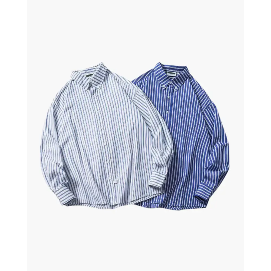 Blue striped cotton overshirt front view, light blue Bengal stripe woven cotton