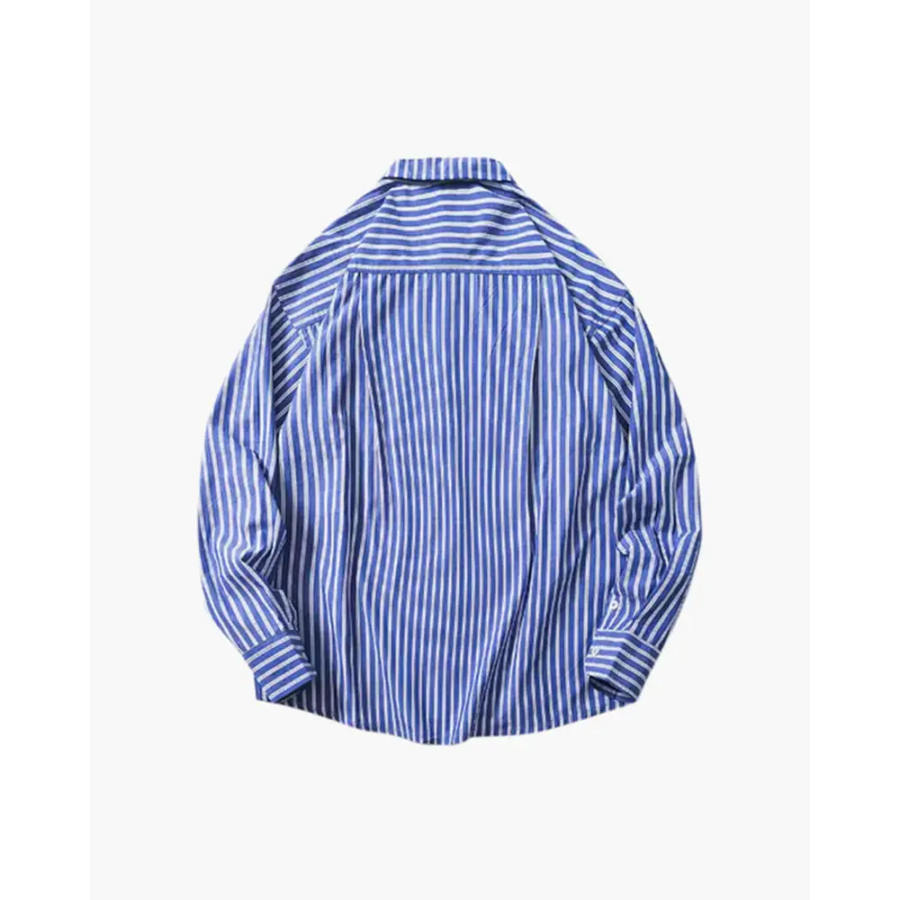 Cotton overshirt in light blue stripe, back view showing oversized cut and drape