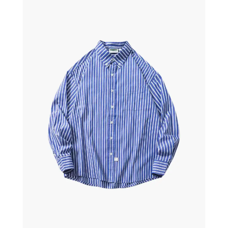 Blue striped overshirt size S, fabric texture and stripe detail close-up