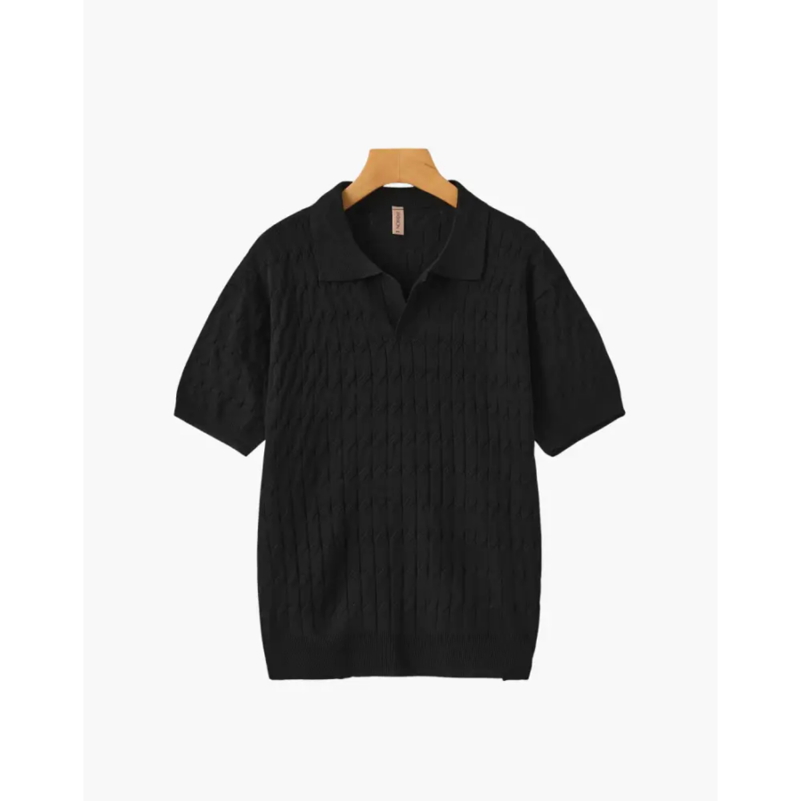 Cable Knit Polo Shirt - Black / S
