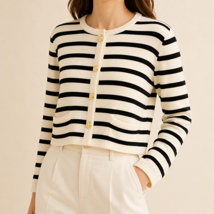 Belgravia striped cashmere vest in cream and charcoal, front view, Small