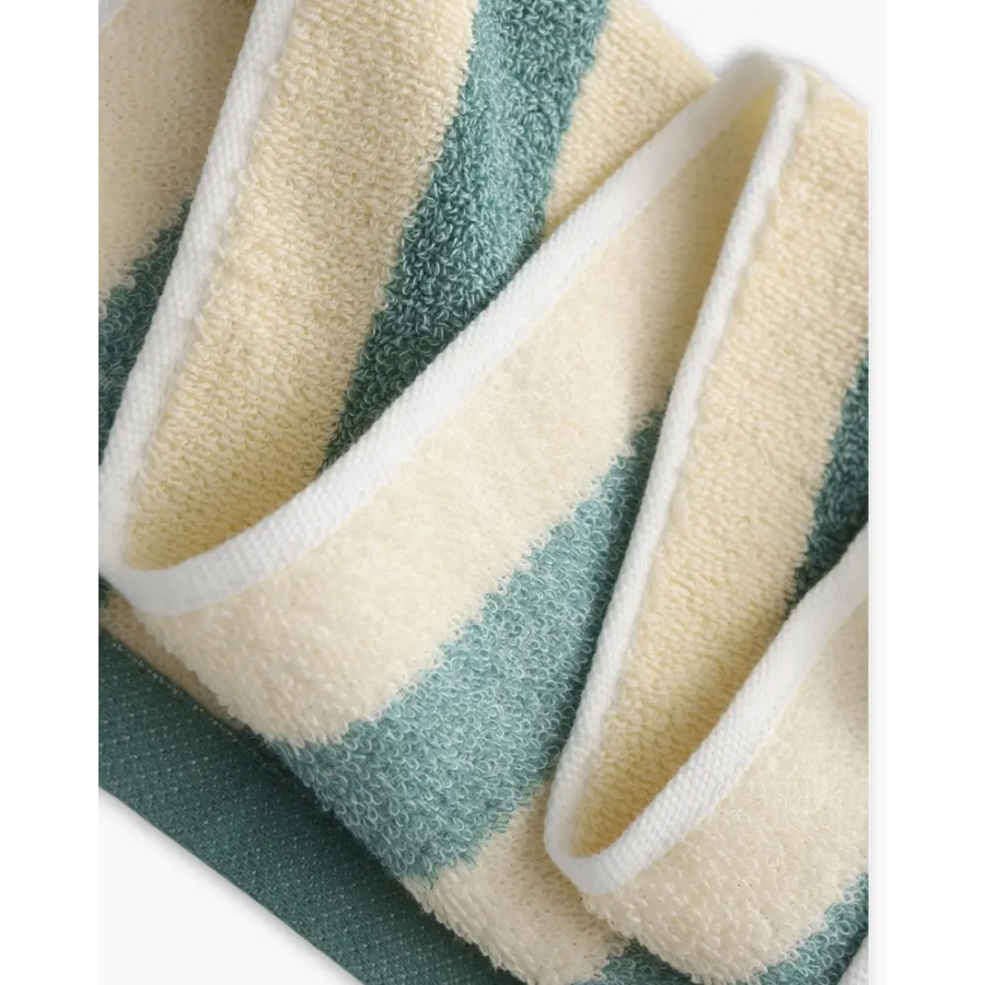 Close-up of stripe detail on forest green cotton hand towel