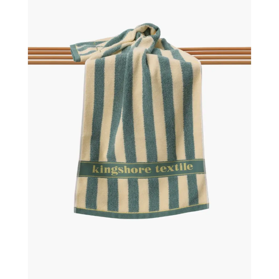 Forest green striped cotton hand towel, full view of stripe pattern