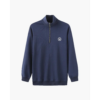 Slate blue half-zip pullover sweatshirt on model, front view