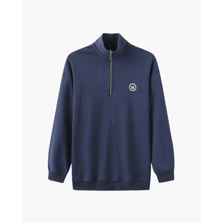 Slate blue half-zip pullover sweatshirt on model, front view