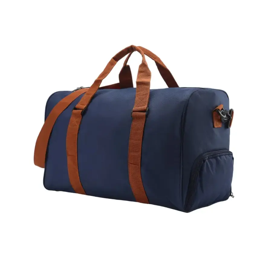 Nova Duffle in deep blue, front view showing structured silhouette