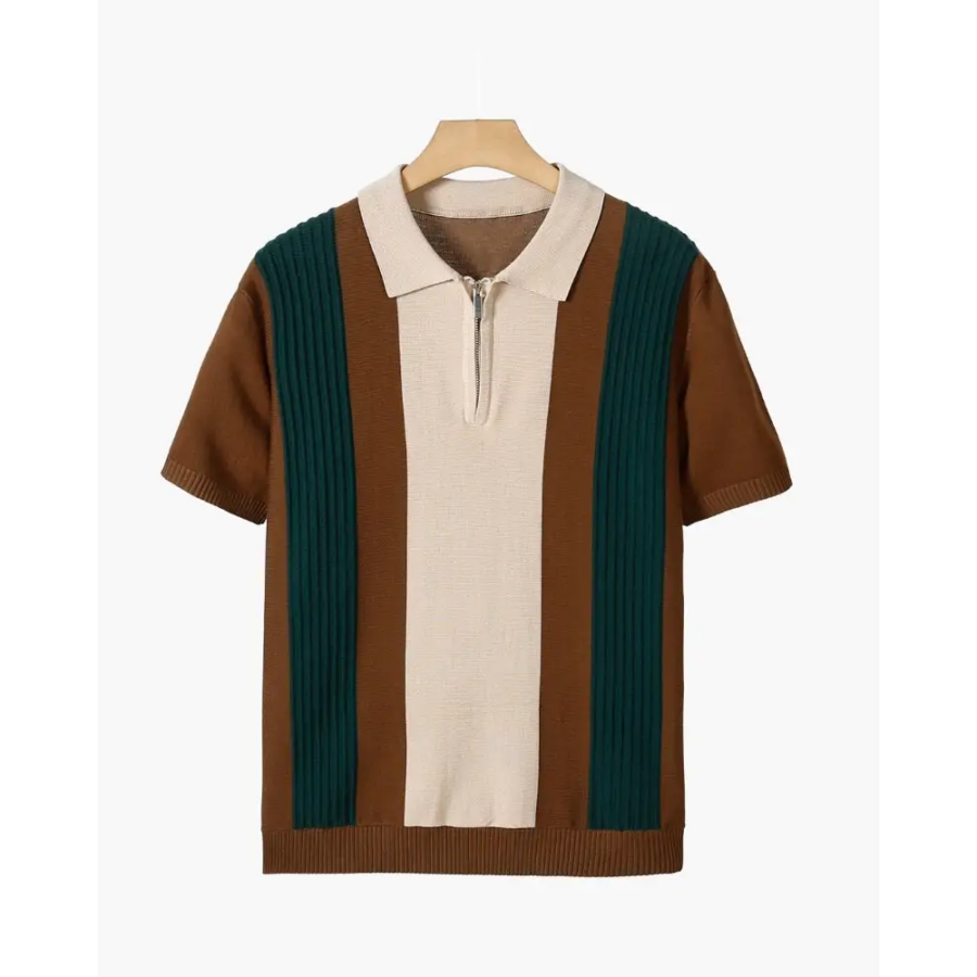 Brown half-zip polo in viscose-polyester blend, size XS, showcasing neutral earth tone and half-zip collar
