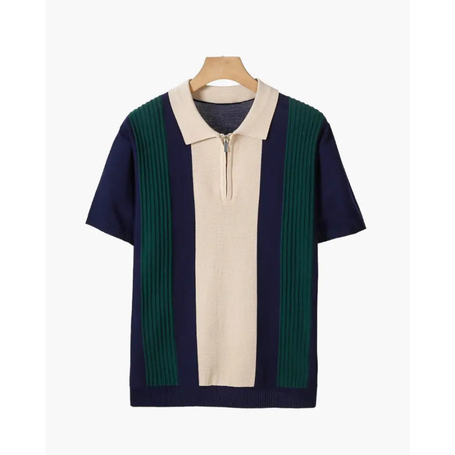 Navy blue half-zip polo with structured shoulders and relaxed waist, short-sleeve knit in viscose blend