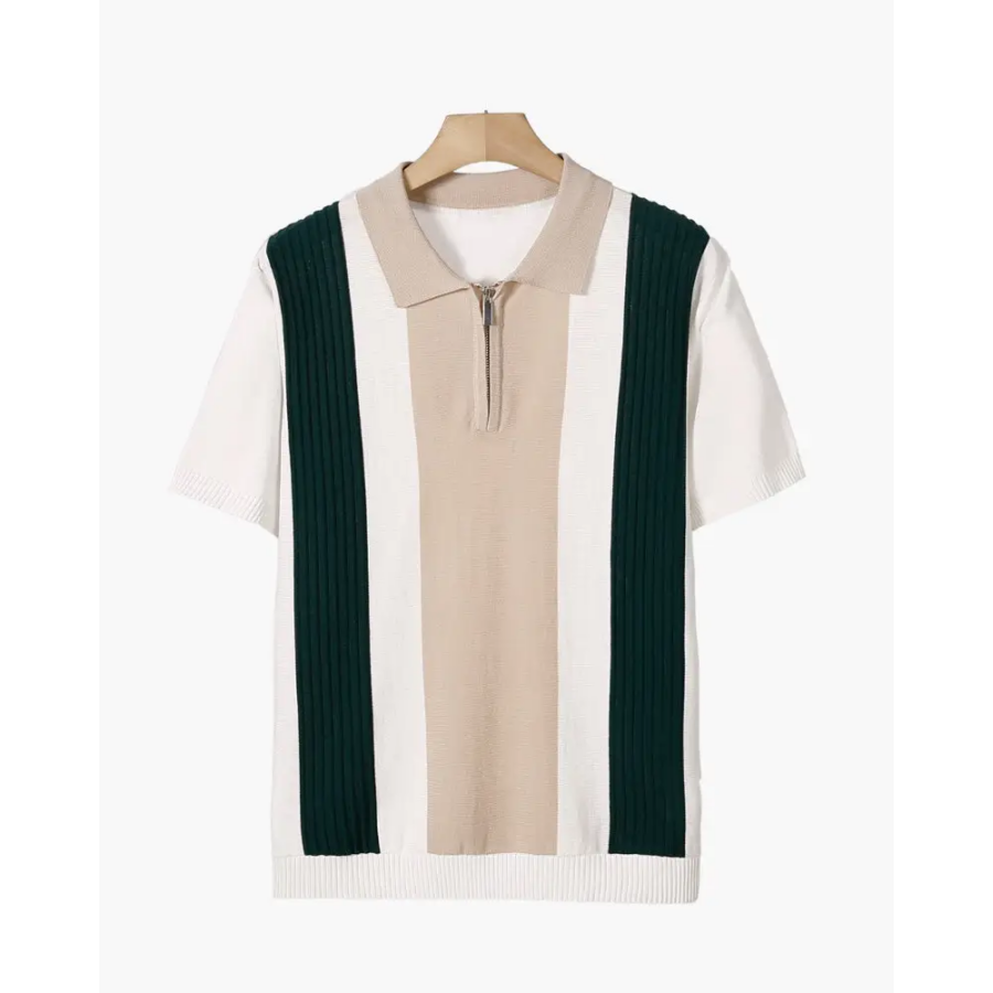 White contrast collar half-zip polo shirt, size XS, front view showing vertical ribbed panels and metal slider