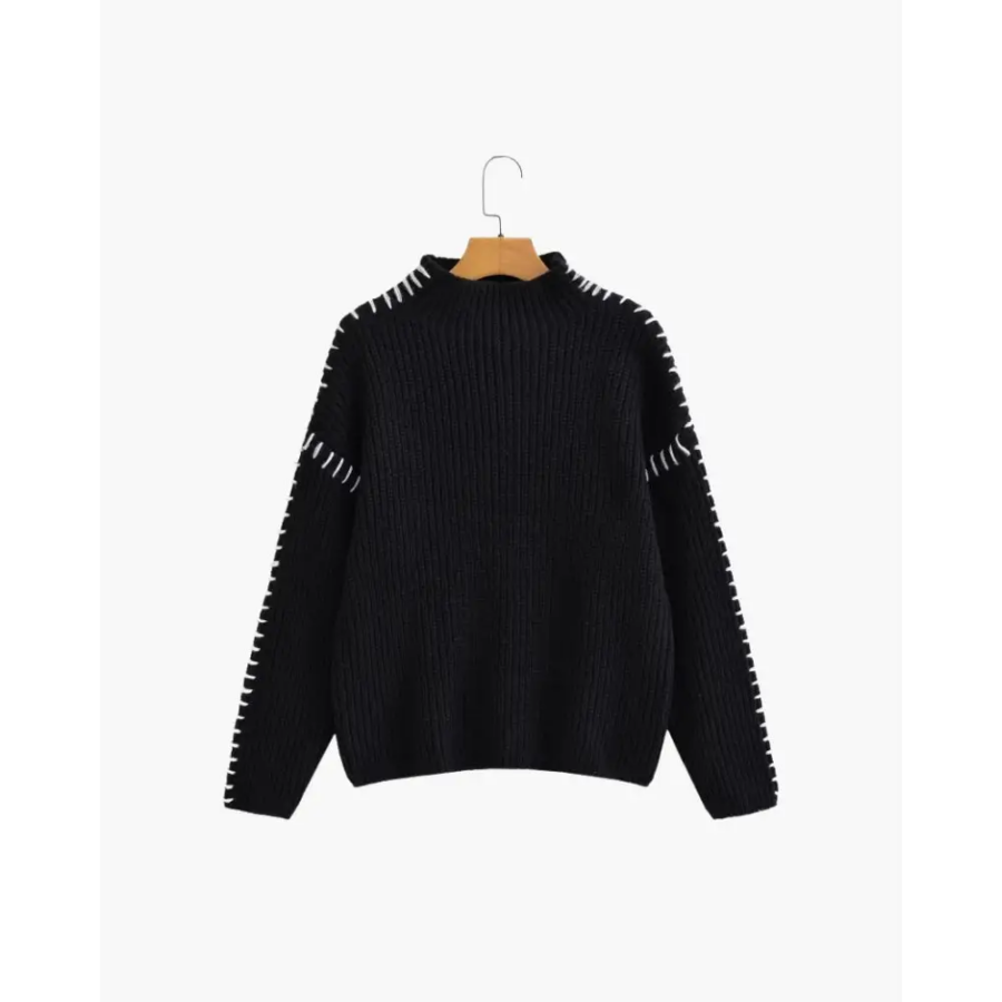 Contrast stitch black sweater size S, detail of white shoulder stitching