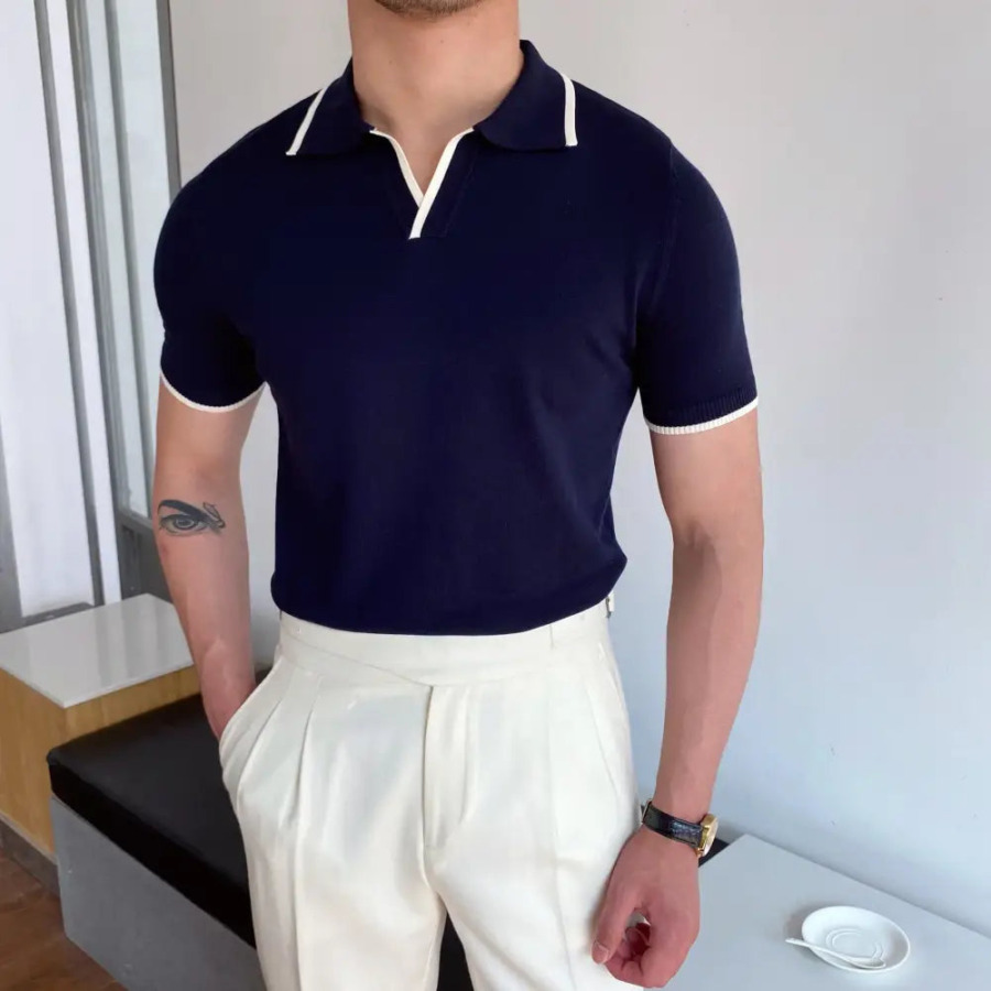 Contrast Trim Knit Polo - Navy / S