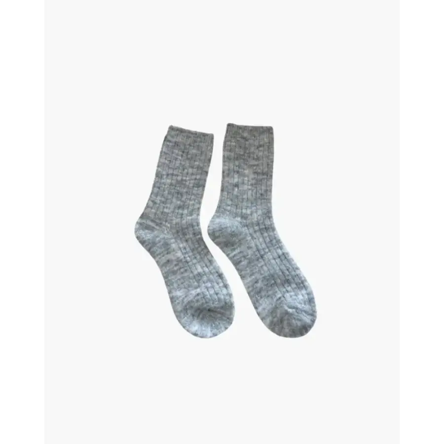 Gray merino wool knit socks, one size, on foot