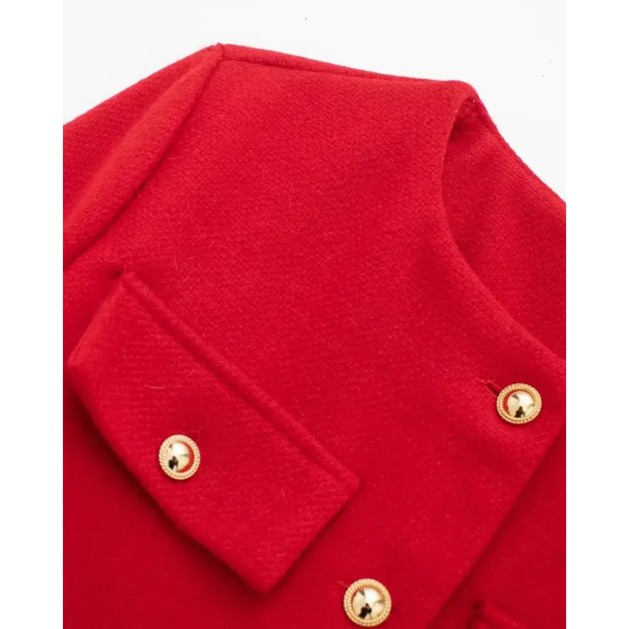 Cropped tailored blazer detail, herringbone weave texture and seaming