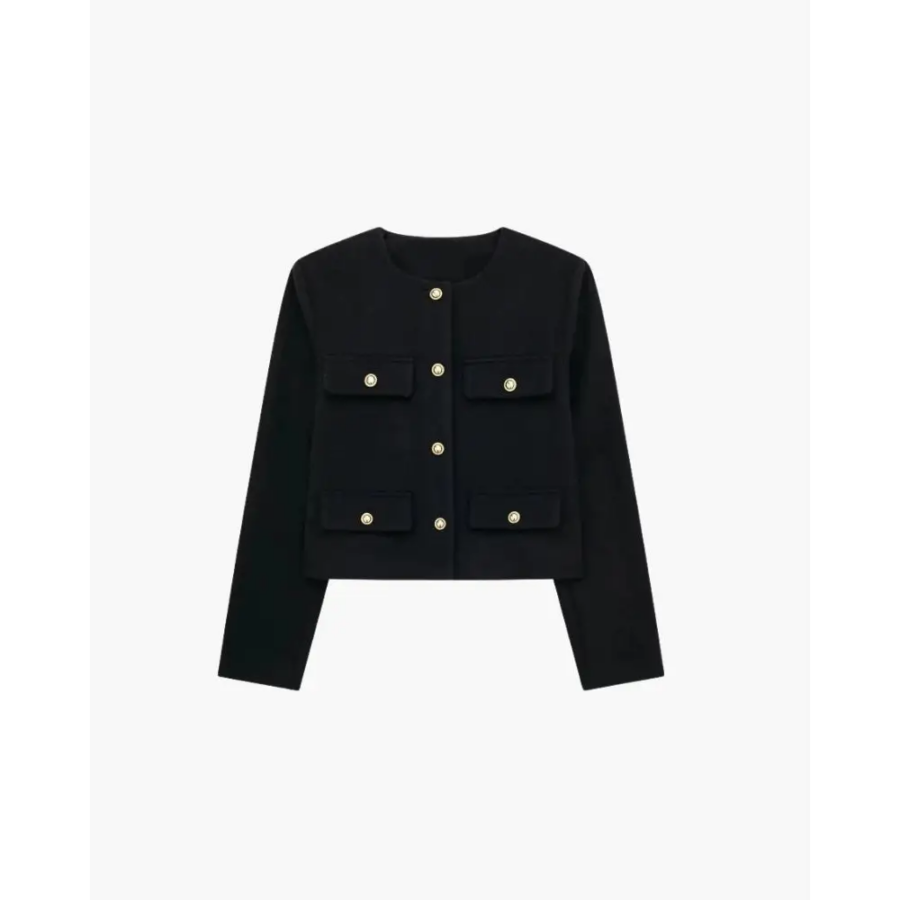 Cropped tailored blazer in black wool-blend, sleeve and cuff detail