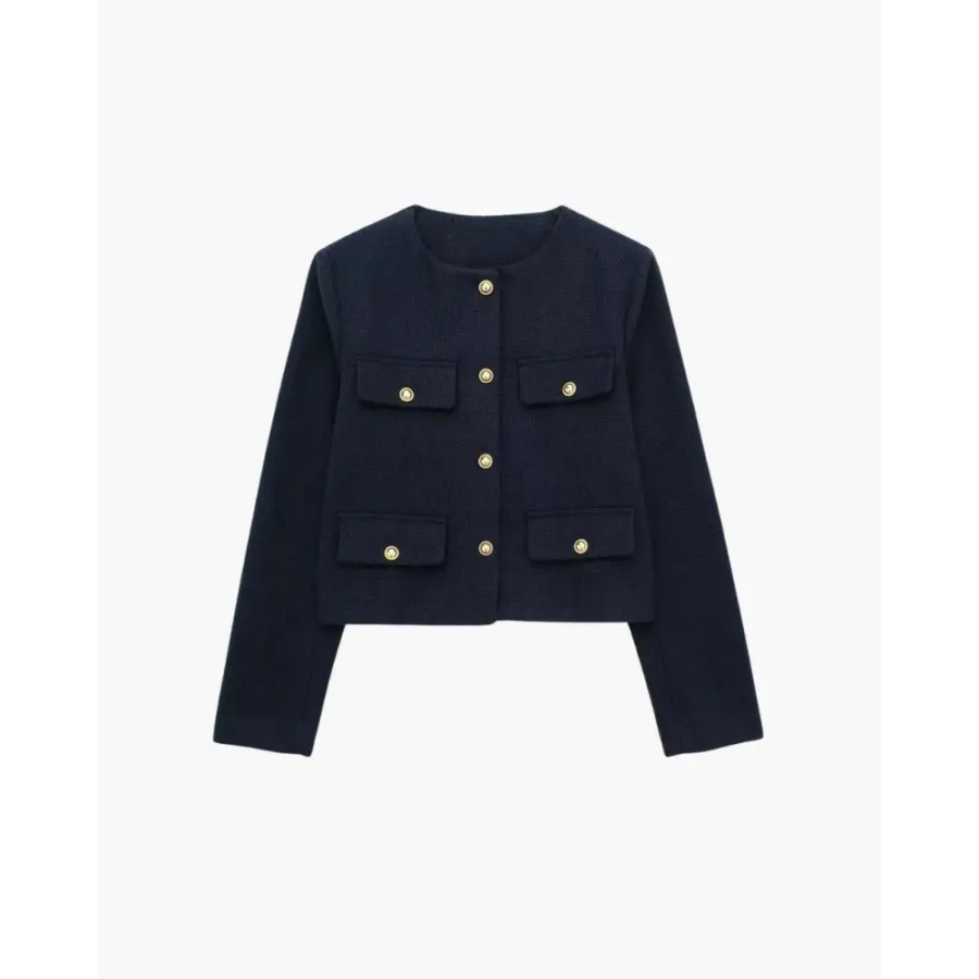 Cropped tailored blazer in navy wool-blend, structured shoulders and notch lapels