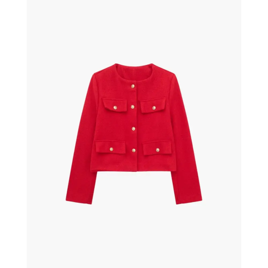 Cropped tailored blazer in red wool-blend, side profile showing hip-length cut