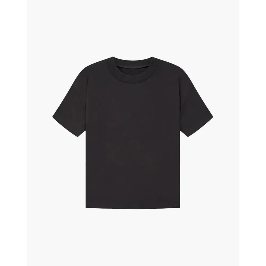 Black cotton blend t-shirt flat lay showing fabric weight and drape