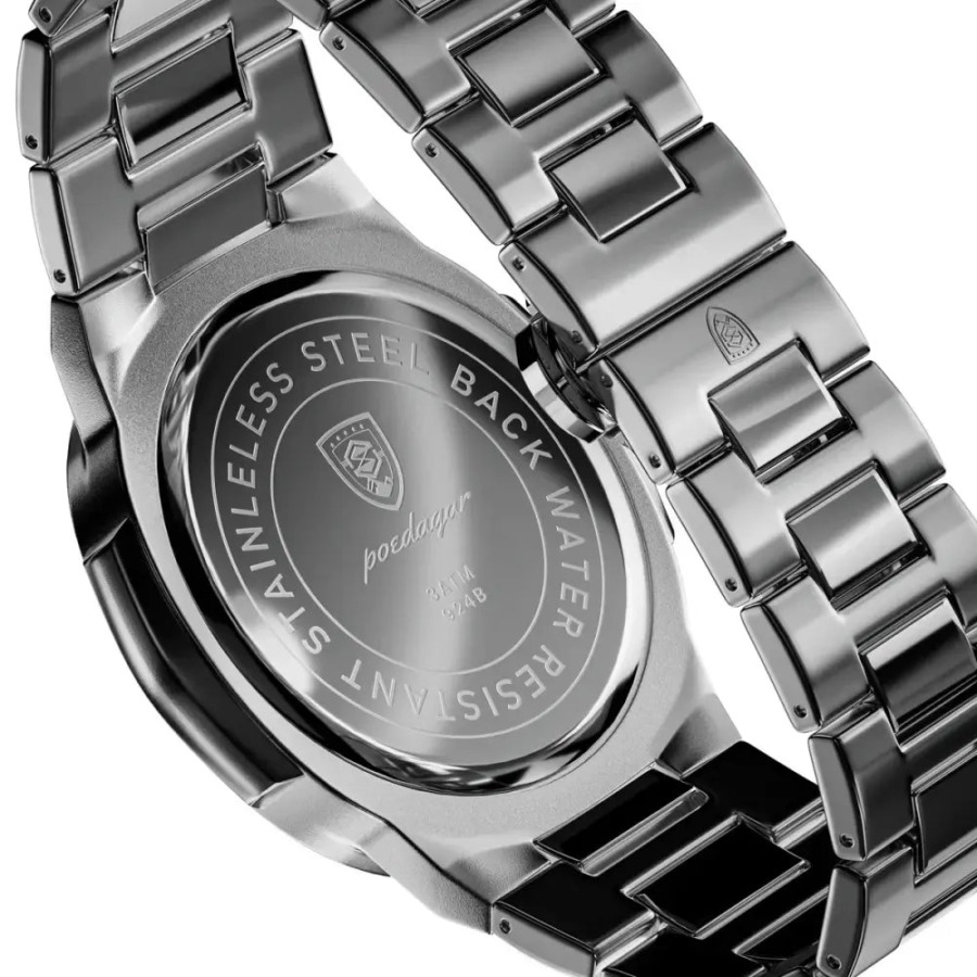 Eterna automatic watch detail view, self-winding movement, water-resistant polished steel