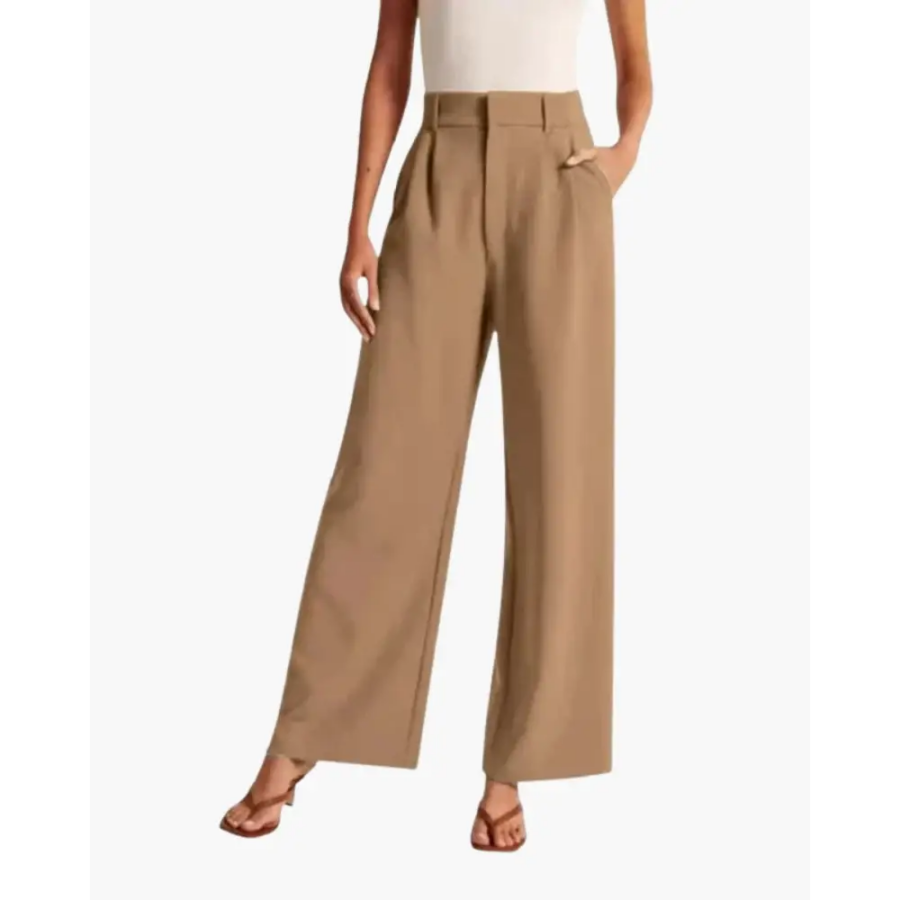 Warm brown wide-leg tailored trousers, seated wear test