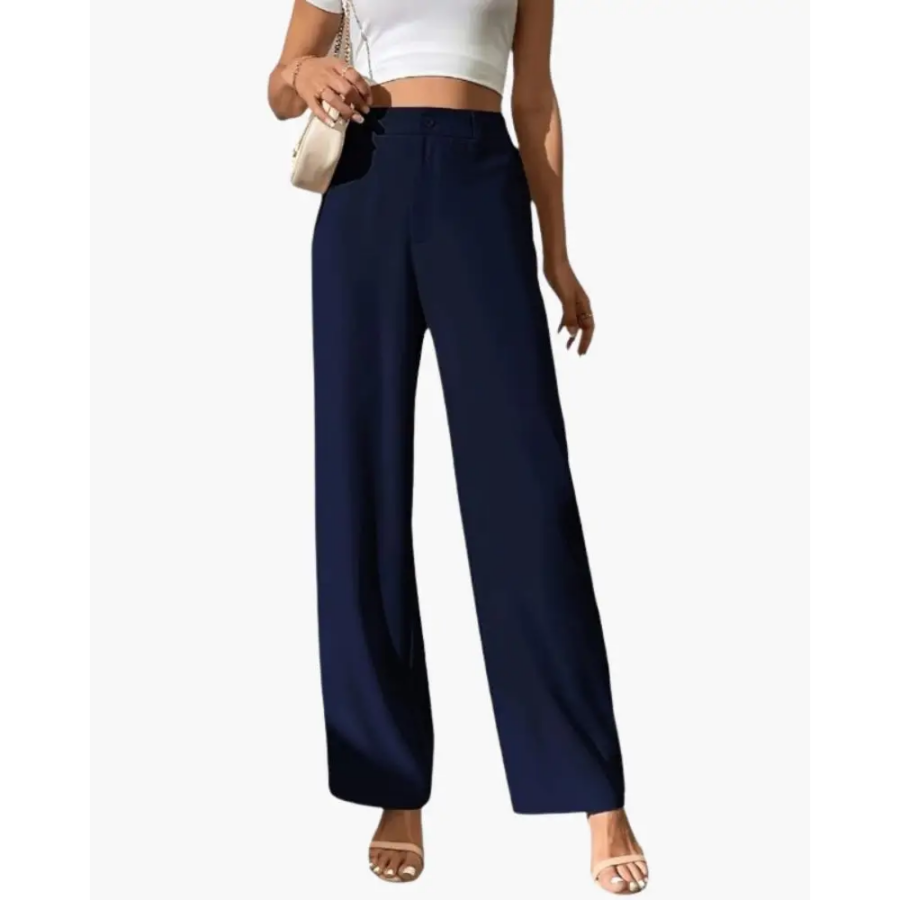 Fluid tailored trousers in navy, wide-leg silhouette, front view