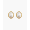 Gold oval pearl studs on ear, 8mm face with surgical steel post