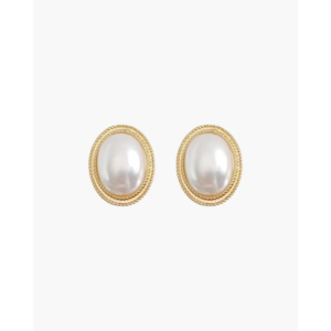 Gold oval pearl studs on ear, 8mm face with surgical steel post