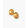 Gold shield earrings in brushed brass, oxidized finish, front view