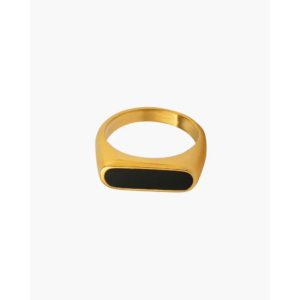 Gold signet ring with oblong black enamel inlay, polished 14K band
