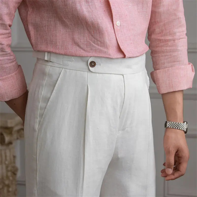 Heritage Pleated Linen Trousers - White / 27