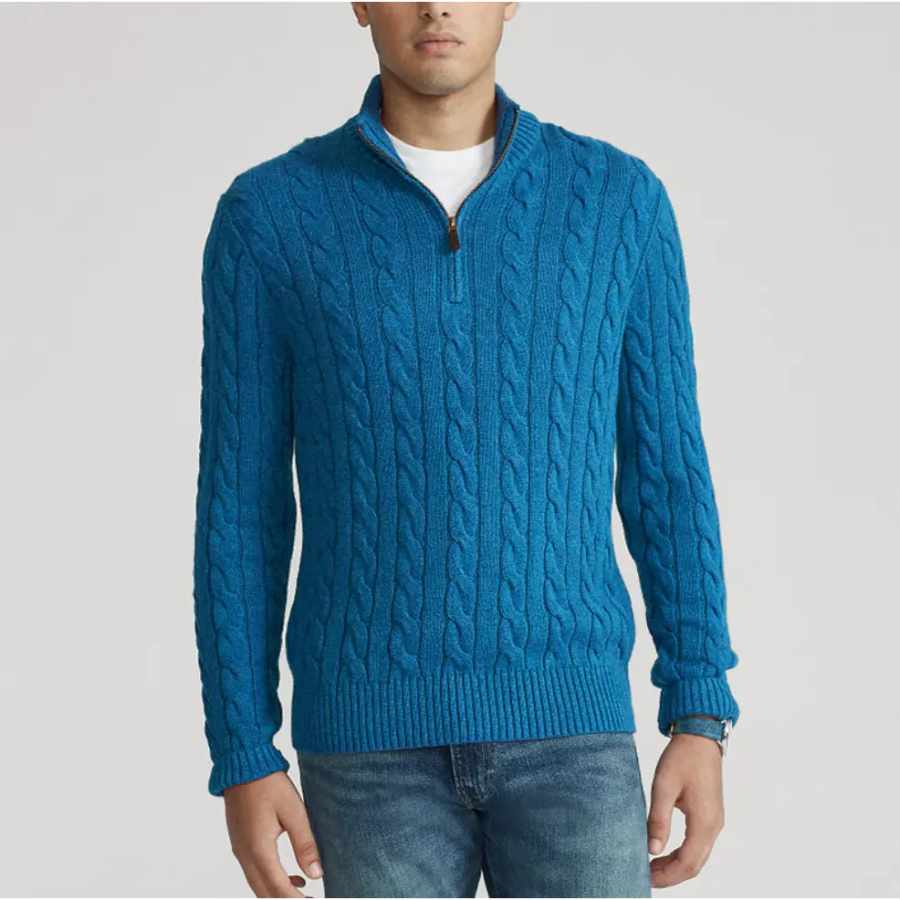 Heritage cable knit layered under blazer