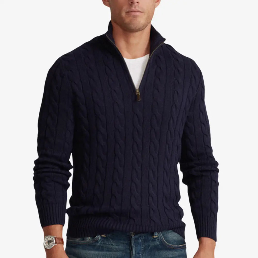 Cable knit shawl collar, styled with tailored trousers