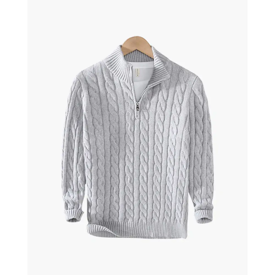 Cable knit shawl collar detail, light grey size small