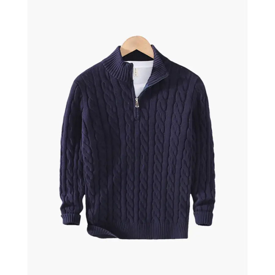 Navy cable knit shawl collar, relaxed layering fit
