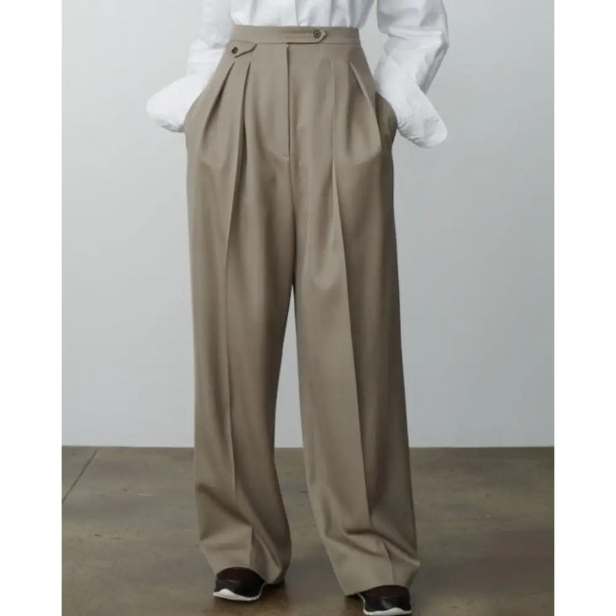 Heritage wool wide-leg pants in light sand, size L, side profile showing drape