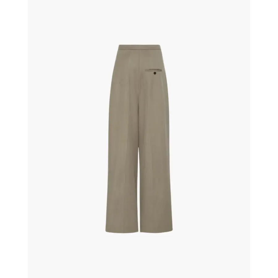 Heritage wool wide-leg pants in light sand, size M, fabric texture close-up