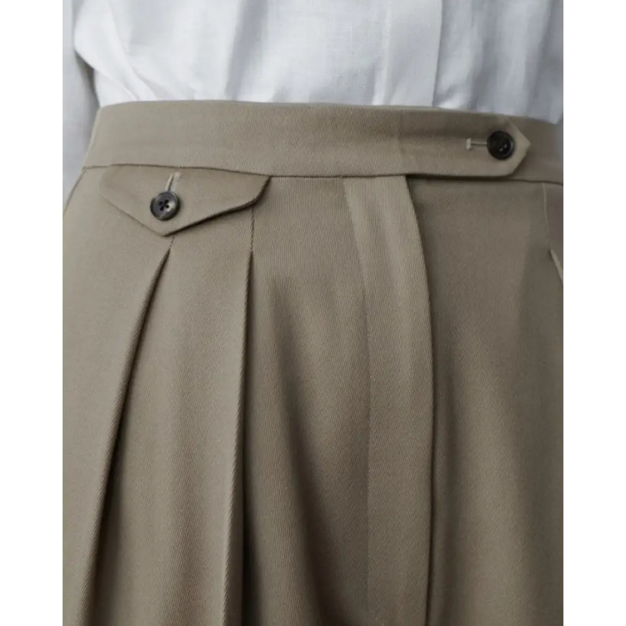 Heritage wool wide-leg pants in light sand, size XL, full length hem detail