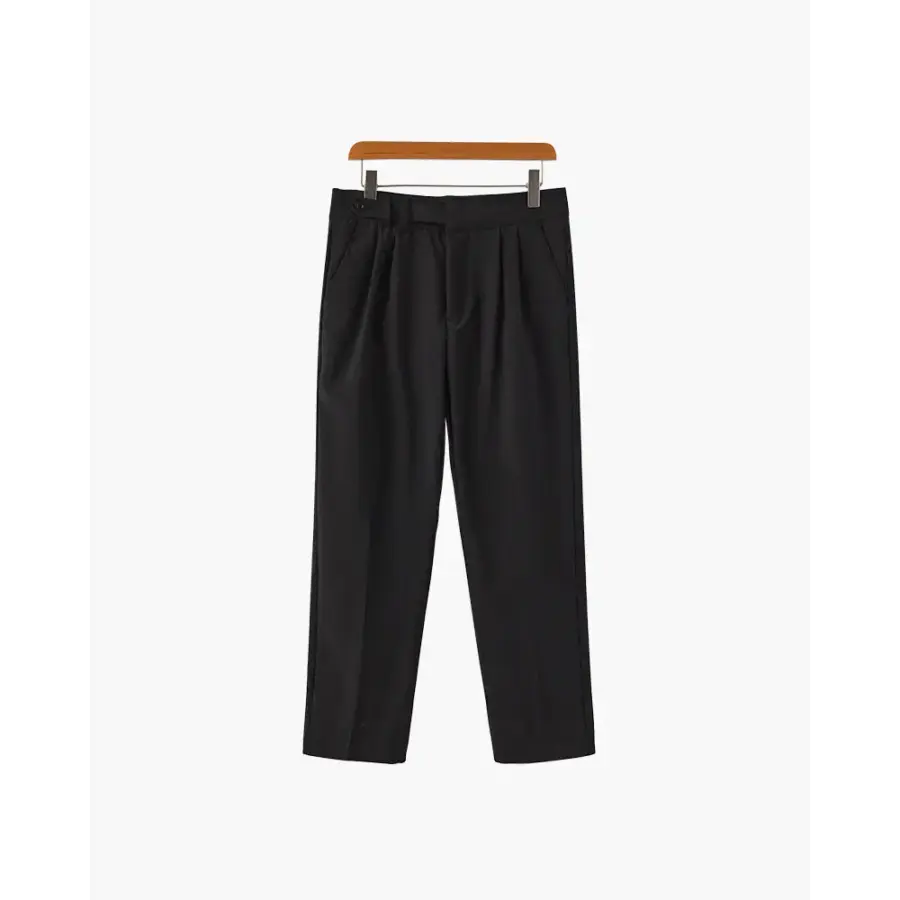 High waist tailored pants waistband detail, front fit and hip placement