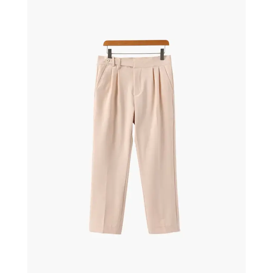 Beige high waist tailored pants variant, model fit sizing XS