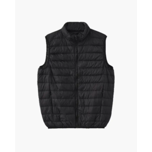 Black insulated puffer vest, sleeveless tailored cut, front view
