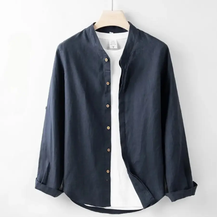 Linen Band-Collar Shirt - Deep Blue / XS