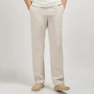 Linen Blend Relaxed Trousers - Beige / S