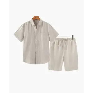 Linen Blend Summer Set (Shirt & Shorts) - Beige / Beige / S