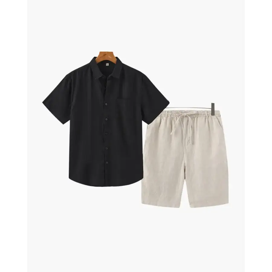 Linen Blend Summer Set (Shirt & Shorts) - Black / Beige / S