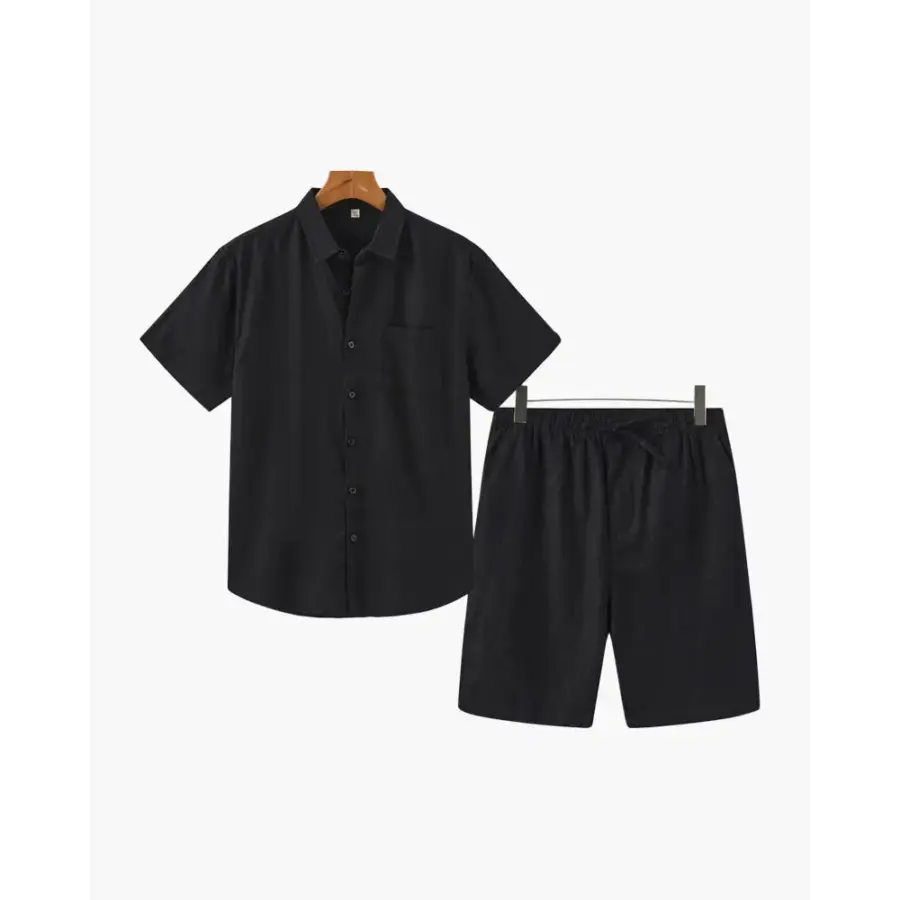Linen Blend Summer Set (Shirt & Shorts) - Black / Black / S